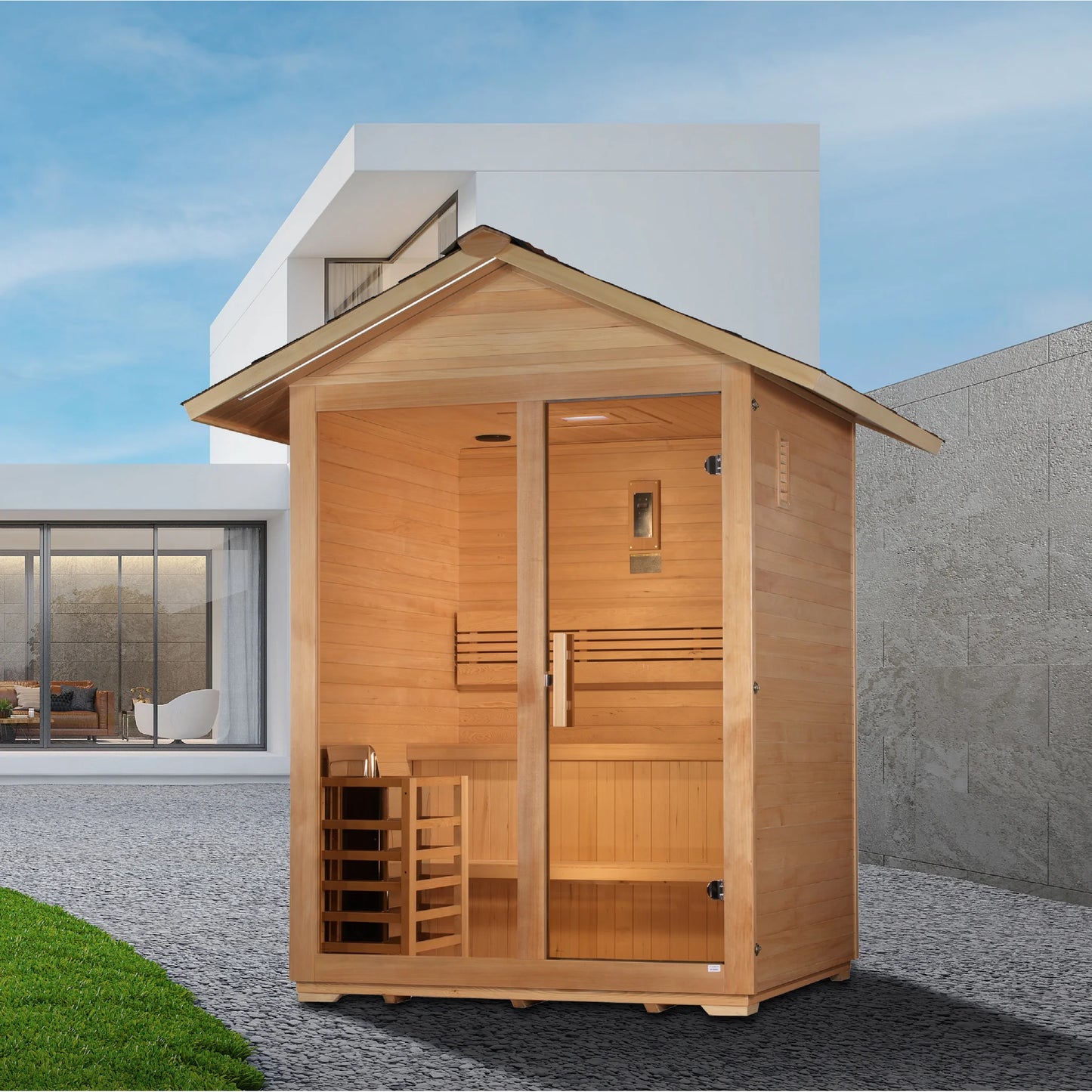 Front view on white background of the Golden Designs Arlberg 3-Person Traditional Outdoor Sauna (GDI-8103-01) – traditional steam sauna