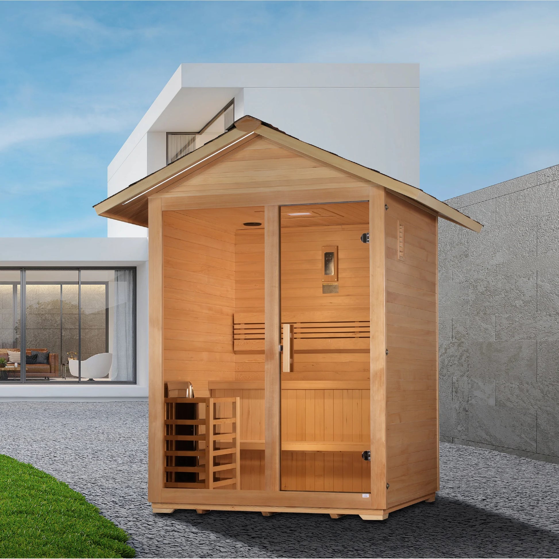 Front view on white background of the Golden Designs Arlberg 3-Person Traditional Outdoor Sauna (GDI-8103-01) – traditional steam sauna
