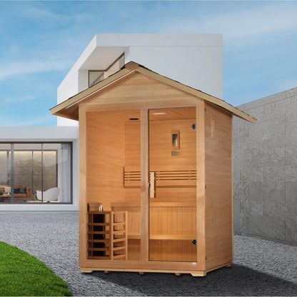 Front view on white background of the Golden Designs Arlberg 3-Person Traditional Outdoor Sauna (GDI-8103-01) – traditional steam sauna