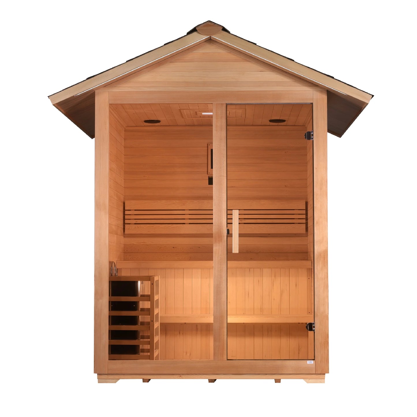 Front view 2 of the Golden Designs Arlberg 3-Person Traditional Outdoor Sauna (GDI-8103-01) – traditional steam sauna