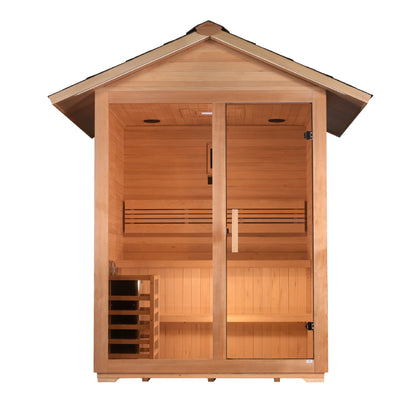 Front view 2 of the Golden Designs Arlberg 3-Person Traditional Outdoor Sauna (GDI-8103-01) – traditional steam sauna