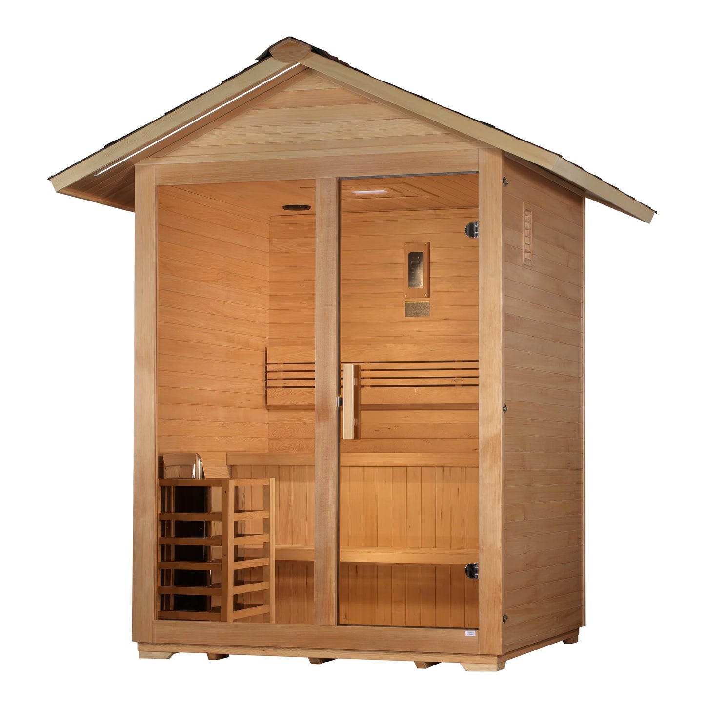 Front view of the Golden Designs Arlberg 3-Person Traditional Outdoor Sauna (GDI-8103-01) – traditional steam sauna