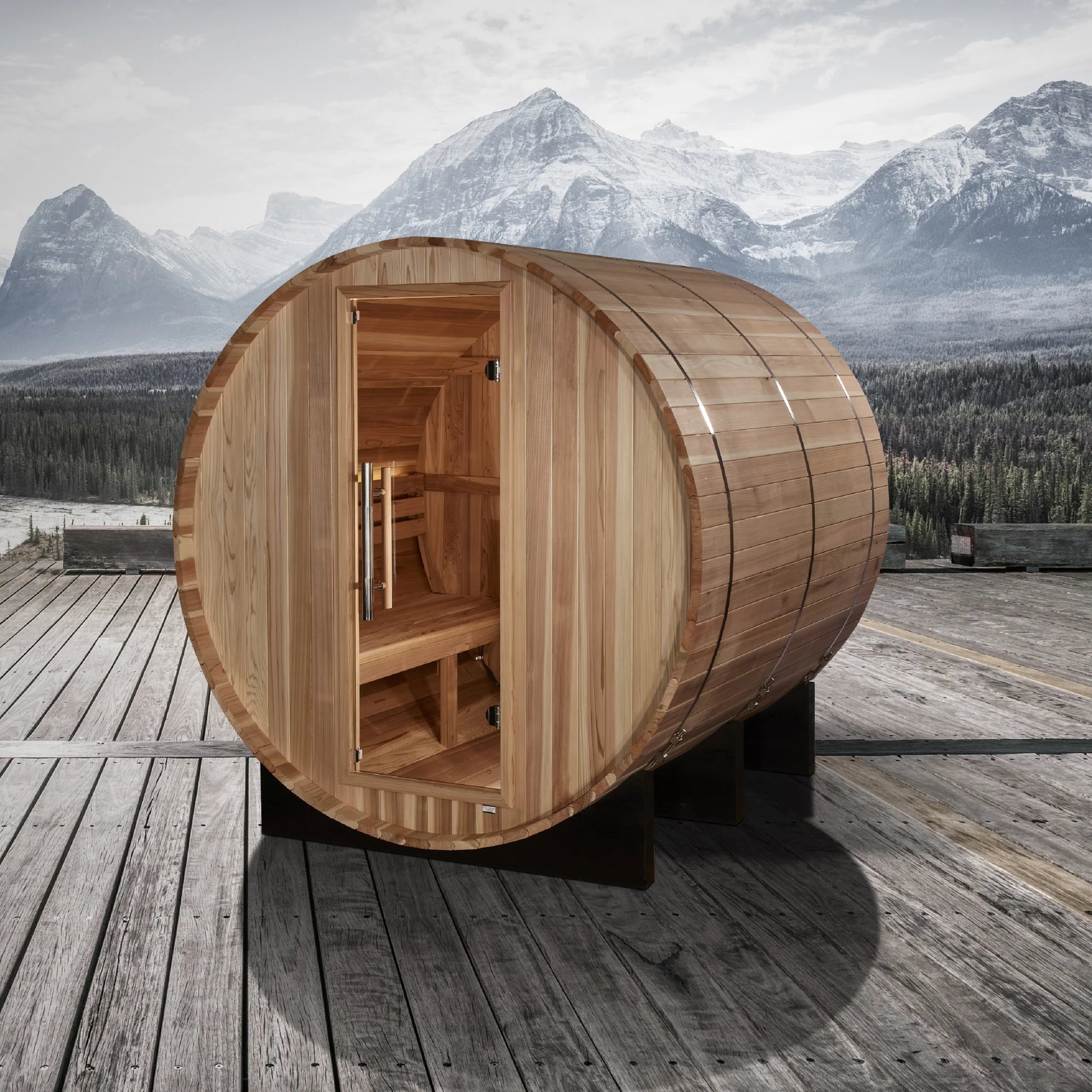 Front view on white background 2 of the Golden Designs Arosa 4-Person Outdoor Traditional Barrel Sauna (GDI-B004-01) – traditional steam sauna
