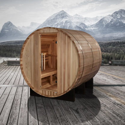 Front view on white background 2 of the Golden Designs Arosa 4-Person Outdoor Traditional Barrel Sauna (GDI-B004-01) – traditional steam sauna