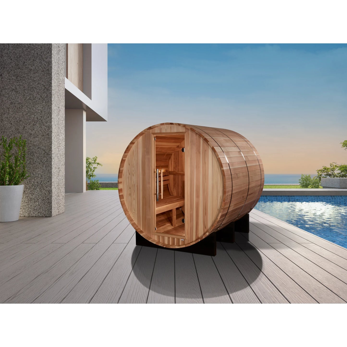 Front view on white background 3 of the Golden Designs Arosa 4-Person Outdoor Traditional Barrel Sauna (GDI-B004-01) – traditional steam sauna