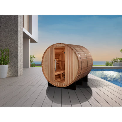Front view on white background 3 of the Golden Designs Arosa 4-Person Outdoor Traditional Barrel Sauna (GDI-B004-01) – traditional steam sauna