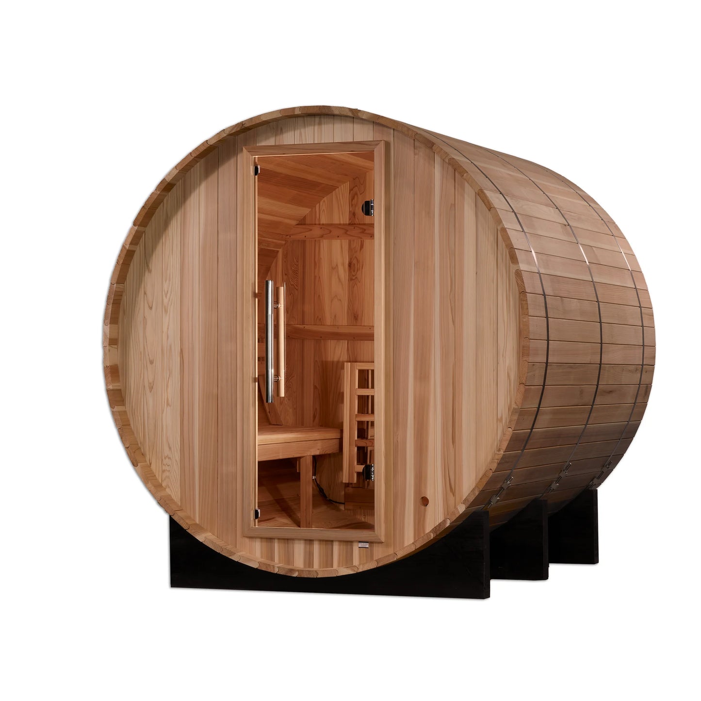 Front view 2 of the Golden Designs Arosa 4-Person Outdoor Traditional Barrel Sauna (GDI-B004-01) – traditional steam sauna