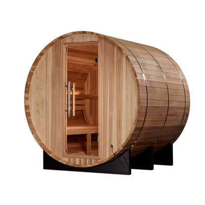 Front view 3 of the Golden Designs Arosa 4-Person Outdoor Traditional Barrel Sauna (GDI-B004-01) – traditional steam sauna