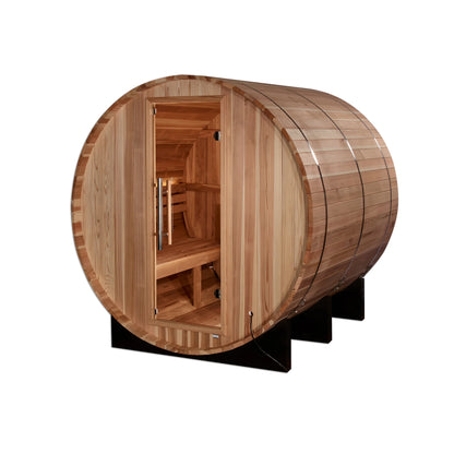 Front view of the Golden Designs Arosa 4-Person Outdoor Traditional Barrel Sauna (GDI-B004-01) – traditional steam sauna