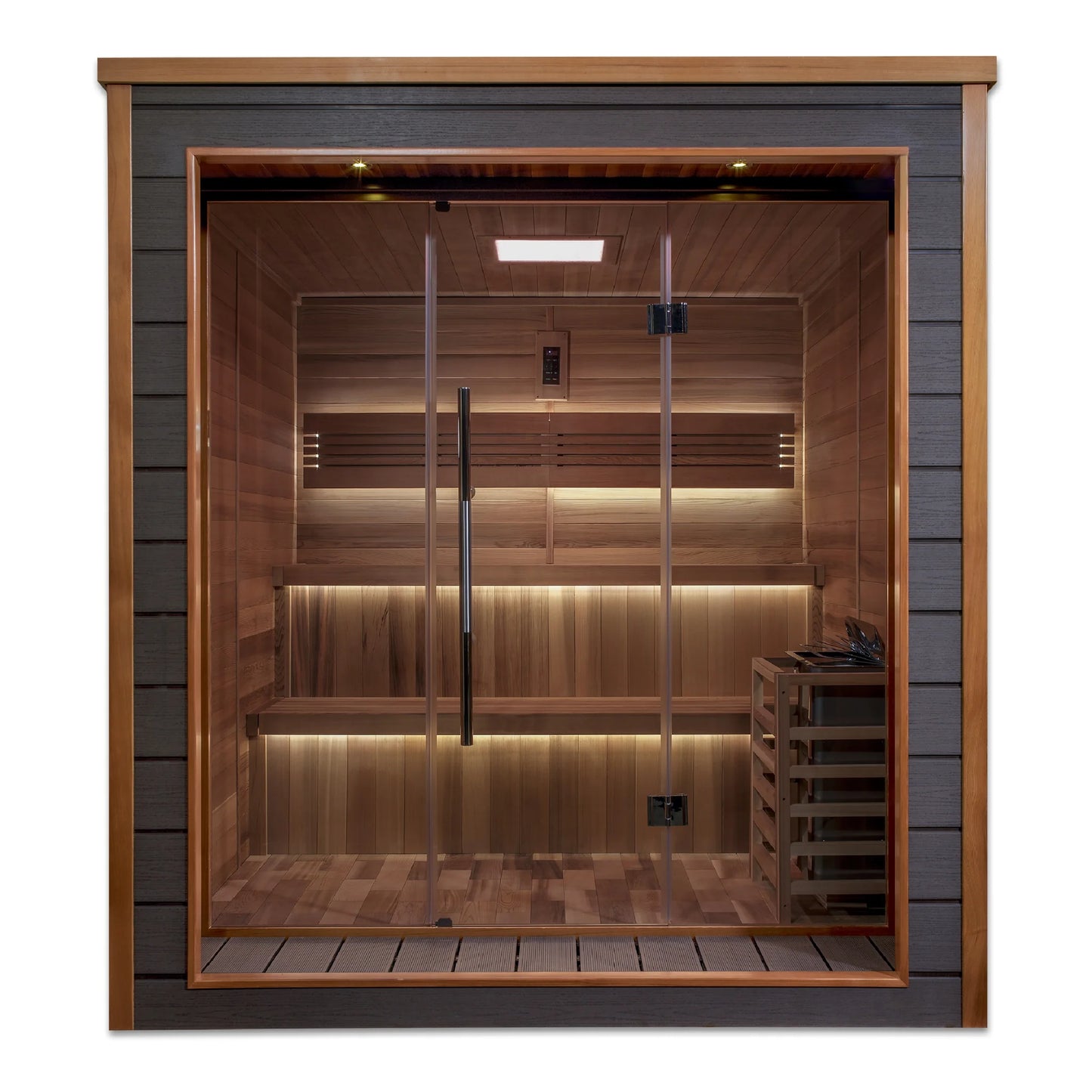 Front view of the Golden Designs Bergen 6-Person Traditional Outdoor Sauna (GDI-8206-01) – traditional steam sauna