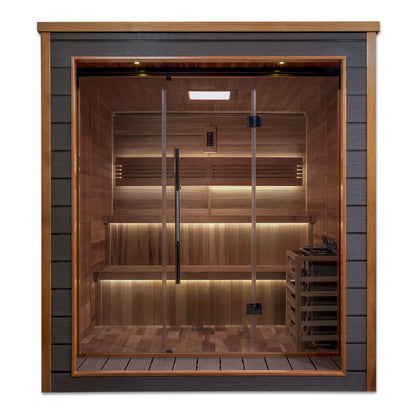 Front view of the Golden Designs Bergen 6-Person Traditional Outdoor Sauna (GDI-8206-01) – traditional steam sauna