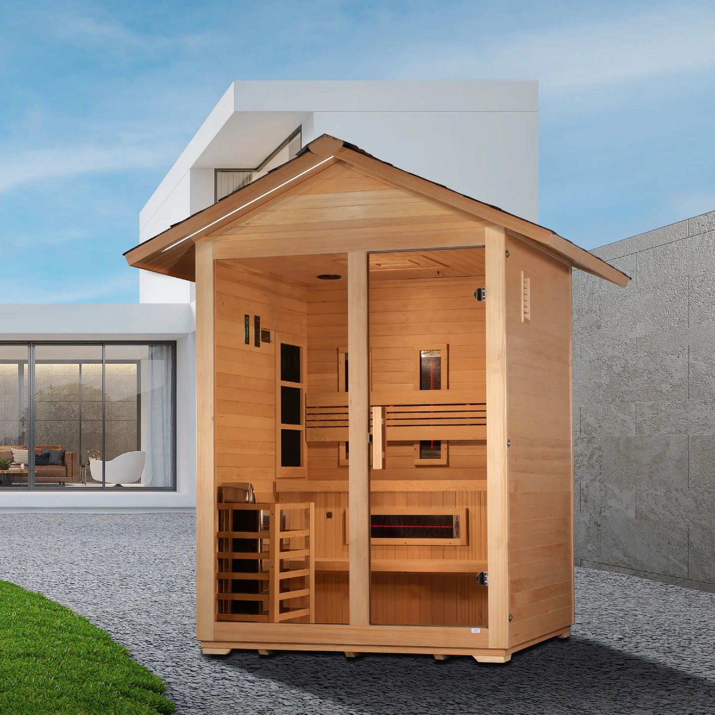 Front view on white background of the Golden Designs Carinthia 3-Person Hybrid Outdoor Sauna (GDI-8123-01) – full spectrum infrared sauna