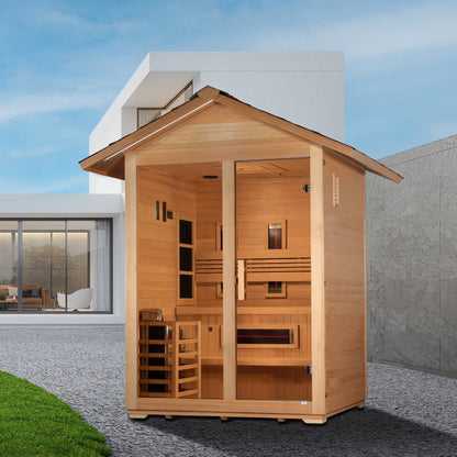 Front view on white background of the Golden Designs Carinthia 3-Person Hybrid Outdoor Sauna (GDI-8123-01) – full spectrum infrared sauna