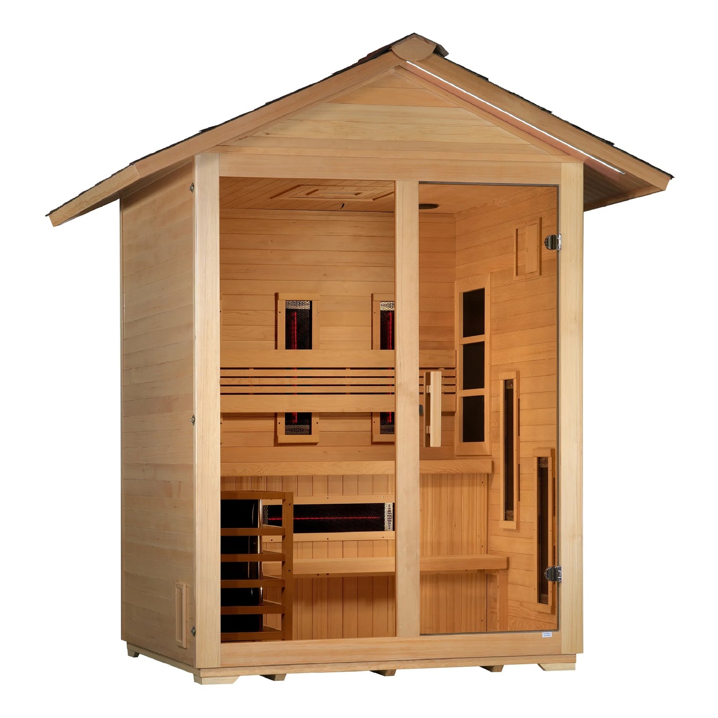 Front view 2 of the Golden Designs Carinthia 3-Person Hybrid Outdoor Sauna (GDI-8123-01) – full spectrum infrared sauna