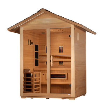 Front view 3 of the Golden Designs Carinthia 3-Person Hybrid Outdoor Sauna (GDI-8123-01) – full spectrum infrared sauna