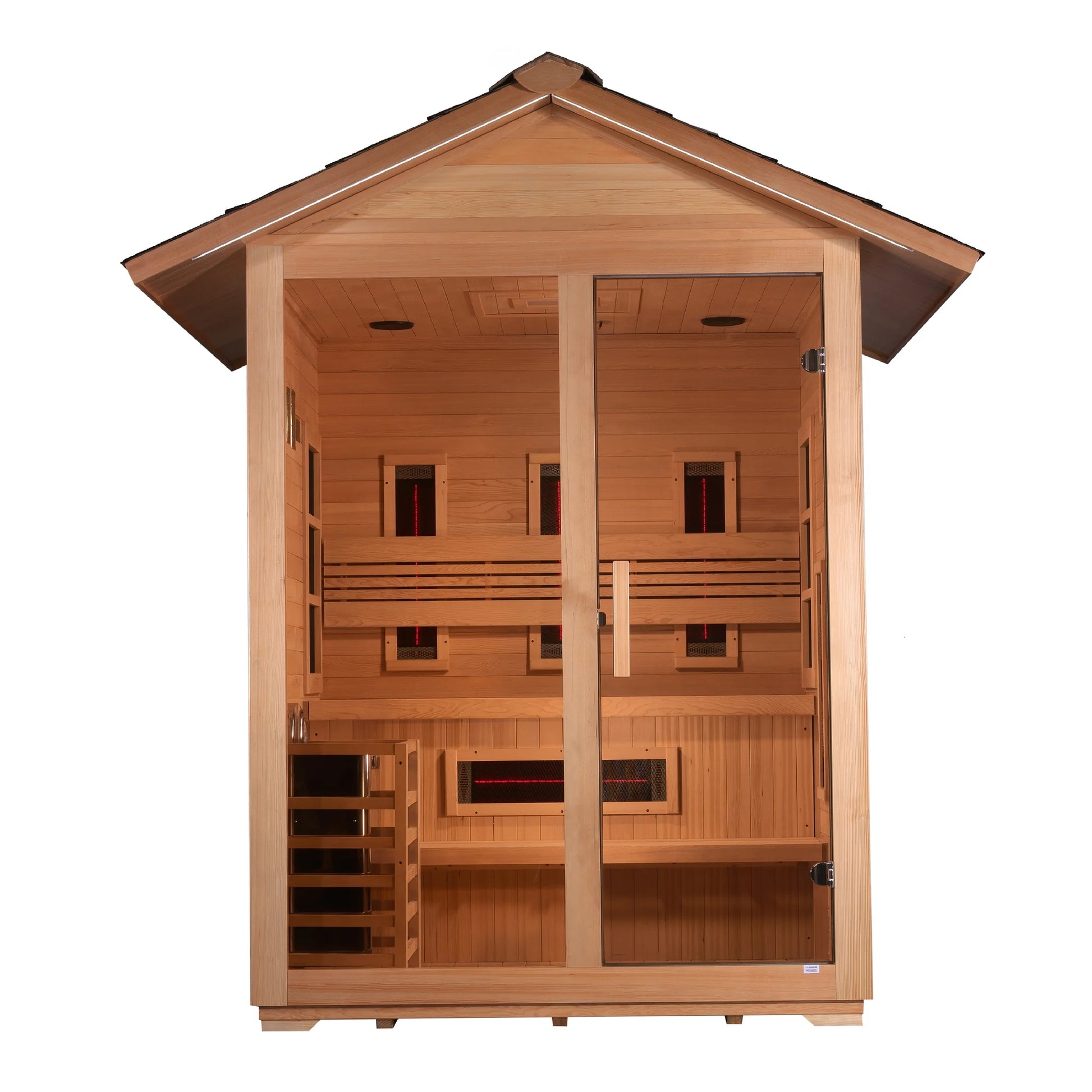 Front view of the Golden Designs Carinthia 3-Person Hybrid Outdoor Sauna (GDI-8123-01) – full spectrum infrared sauna