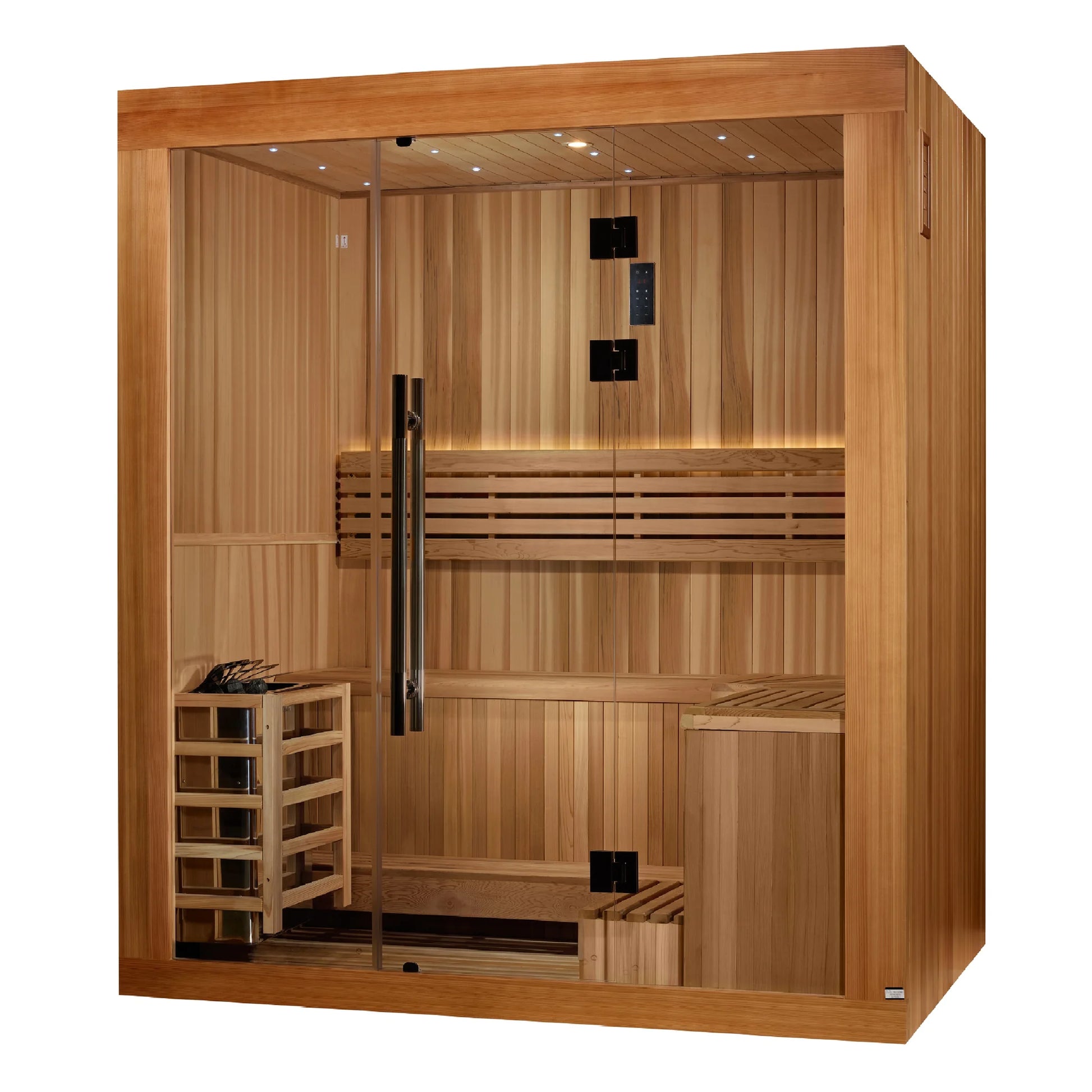 Exterior view 4 of the Golden Designs Copenhagen 3-Person Traditional Indoor Sauna (GDI-7389-02) – traditional steam sauna