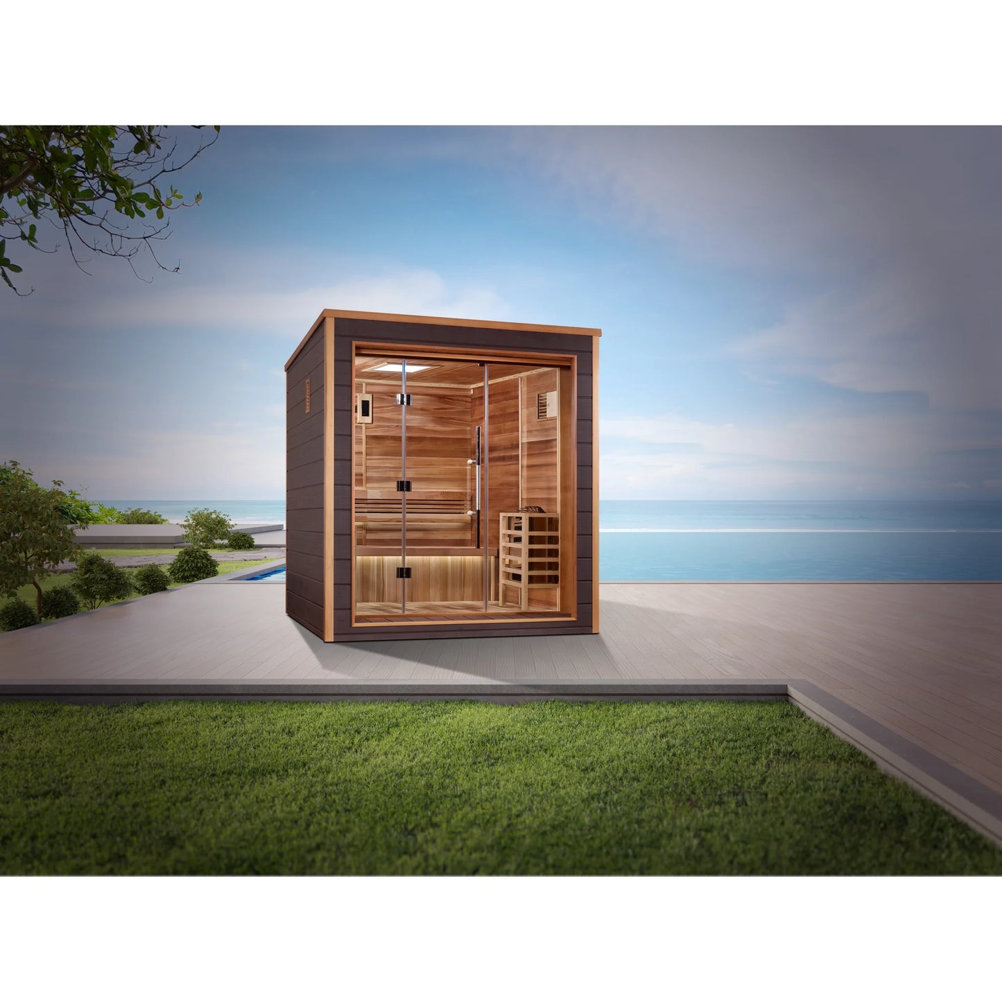 Front view of the Golden Designs Drammen 3-Person Traditional Outdoor Sauna (GDI-8203-01) – traditional steam sauna