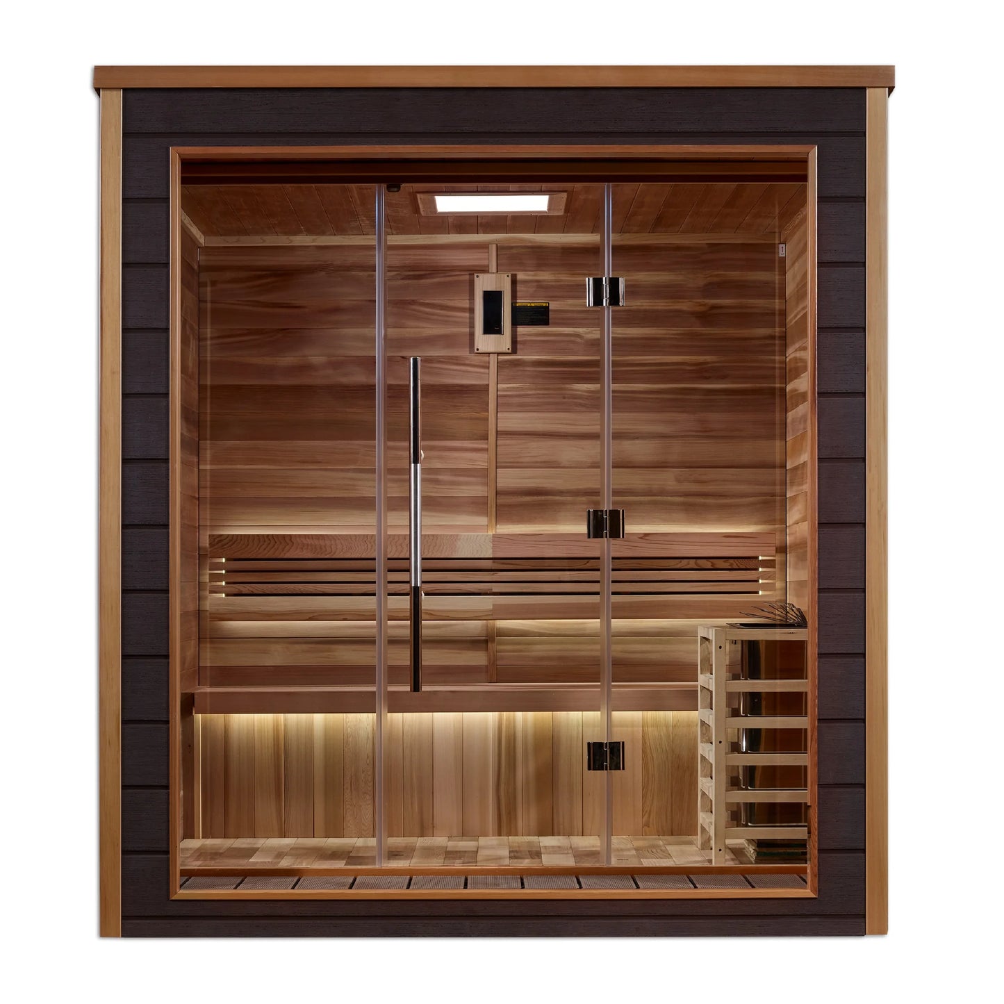 Front view of the Golden Designs Drammen 3-Person Traditional Outdoor Sauna (GDI-8203-01) – traditional steam sauna