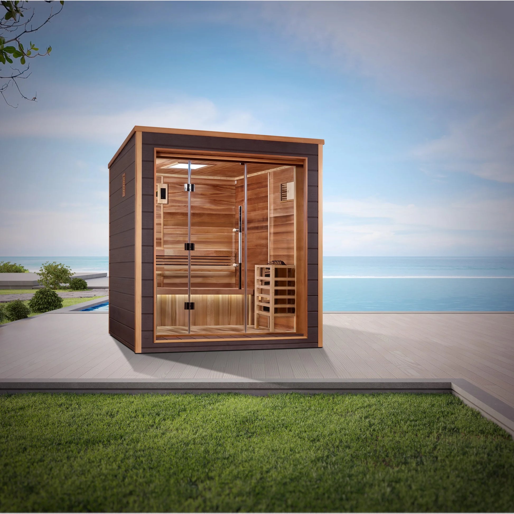 Front view 3 of the Golden Designs Drammen 3-Person Traditional Outdoor Sauna (GDI-8203-01) – traditional steam sauna
