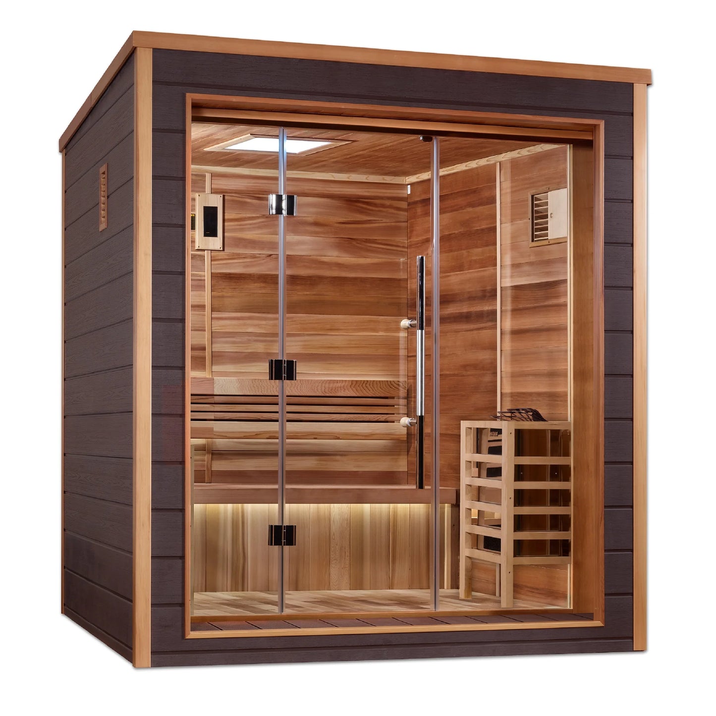 Front view of the Golden Designs Drammen 3-Person Traditional Outdoor Sauna (GDI-8203-01) – traditional steam sauna