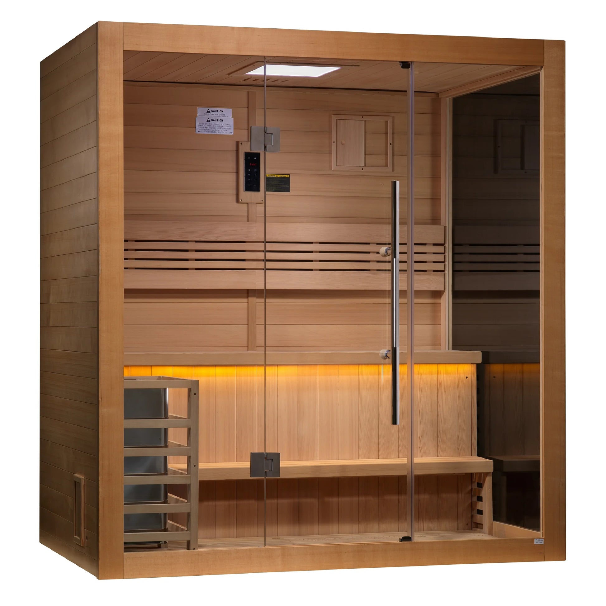 Front view 2 of the Golden Designs Forssa 3-Person Traditional Indoor Sauna (GDI-7203-01) – traditional steam sauna