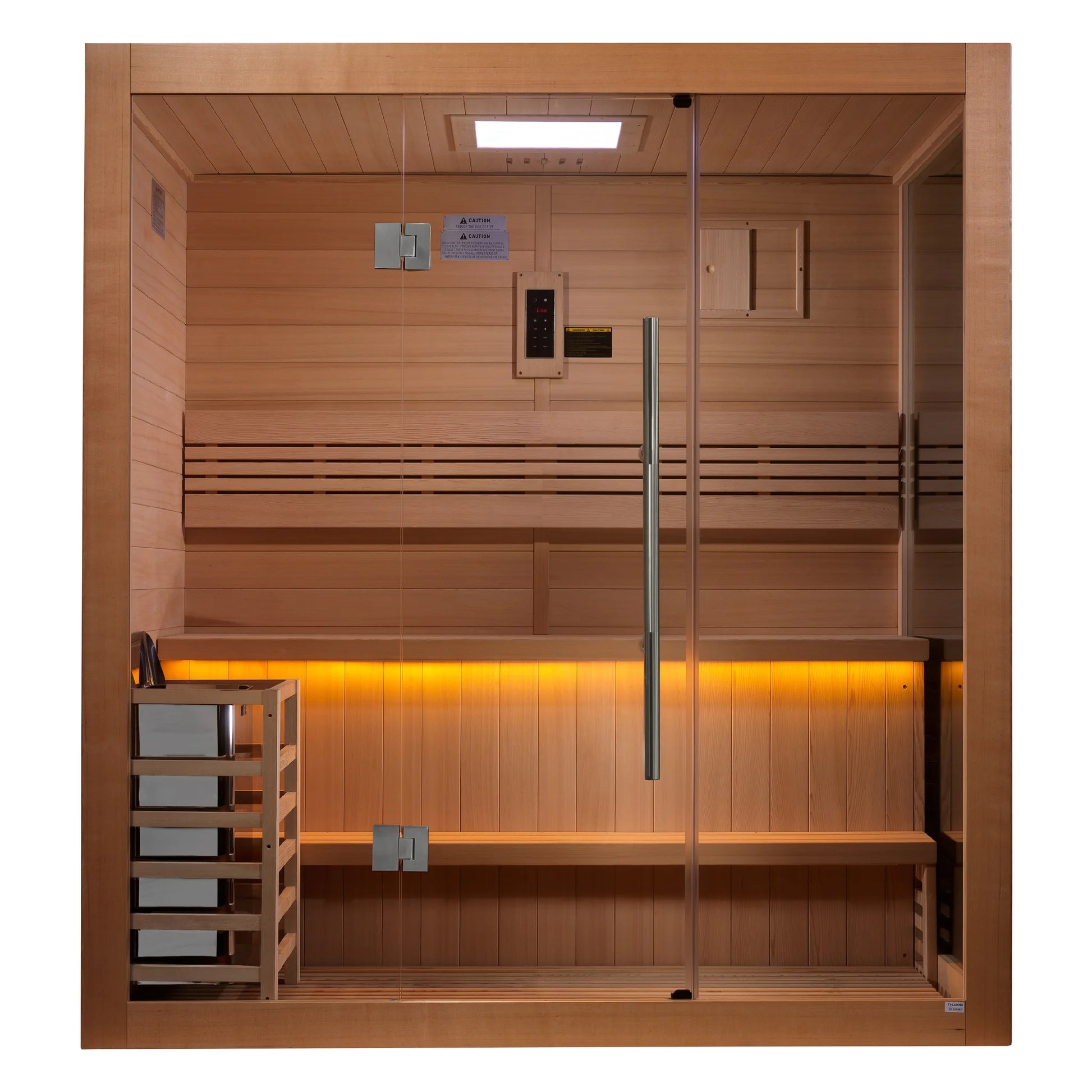 Front view of the Golden Designs Forssa 3-Person Traditional Indoor Sauna (GDI-7203-01) – traditional steam sauna
