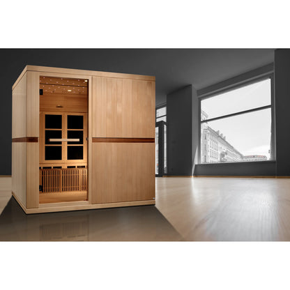 Front view of the Golden Designs Catalonia 8-Person Near Zero EMF FAR Infrared Sauna (GDI-6880-02) – near zero EMF infrared sauna