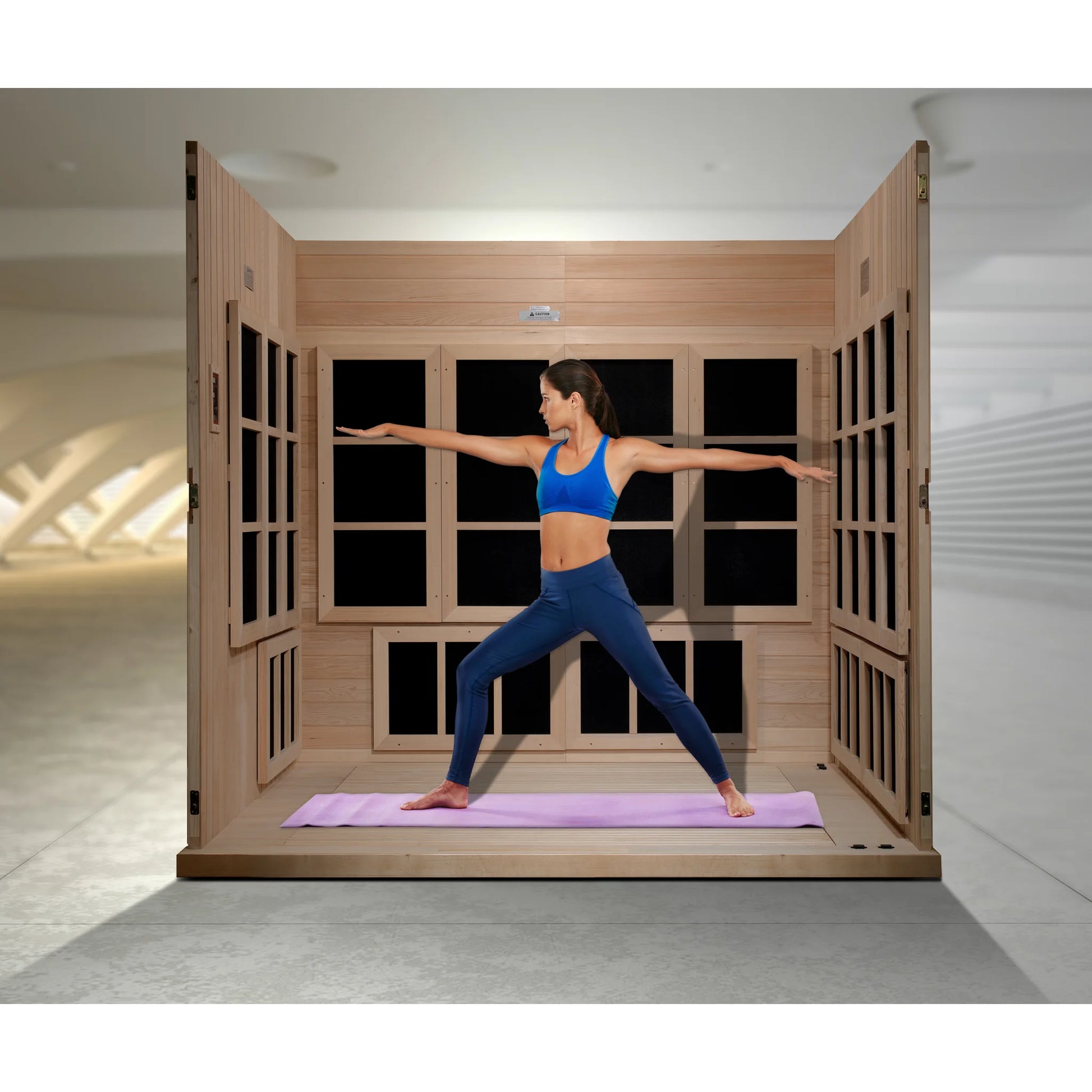 Front view of the Golden Designs Catalonia 8-Person Near Zero EMF FAR Infrared Sauna (GDI-6880-02) – near zero EMF infrared sauna