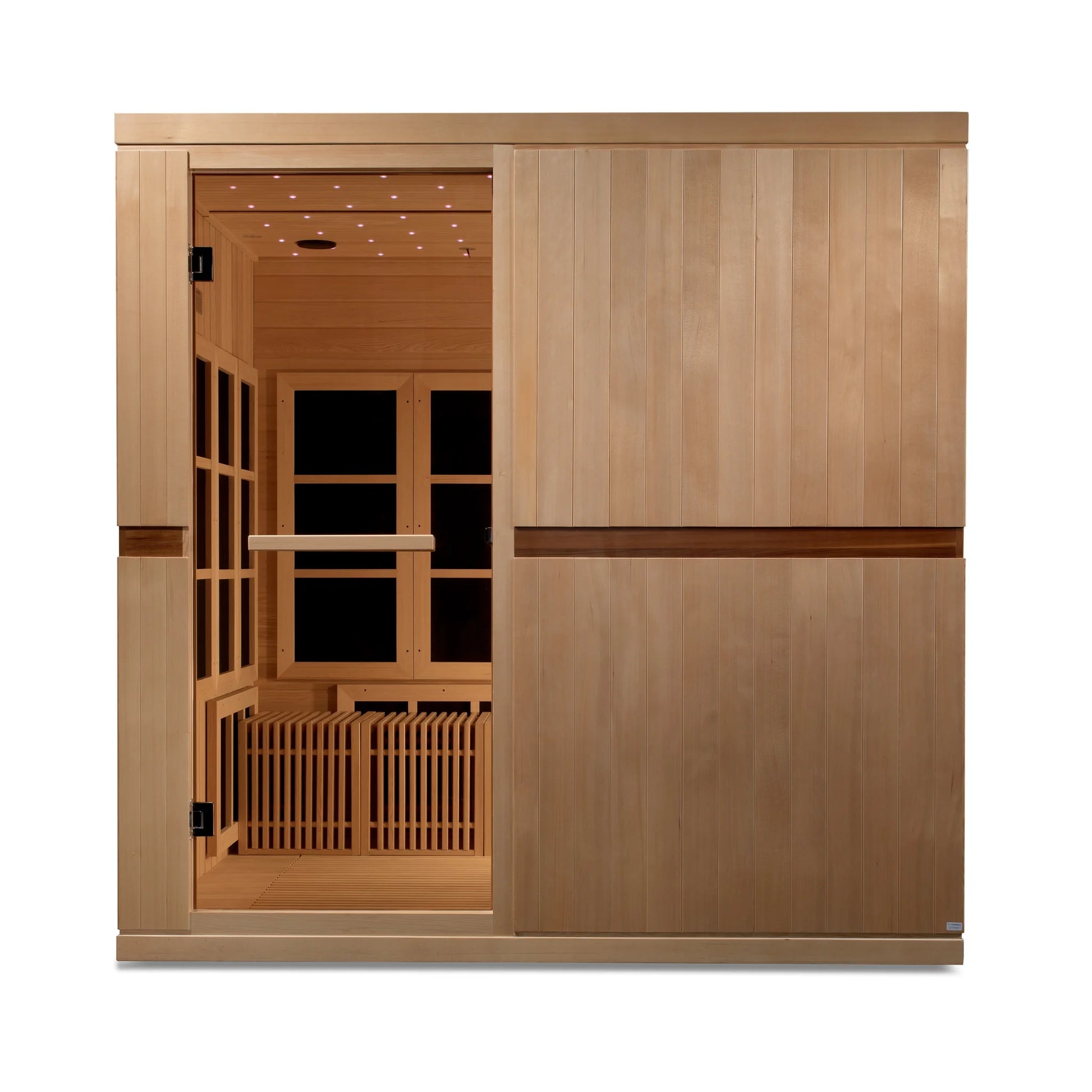 Front view of the Golden Designs Catalonia 8-Person Near Zero EMF FAR Infrared Sauna (GDI-6880-02) – near zero EMF infrared sauna