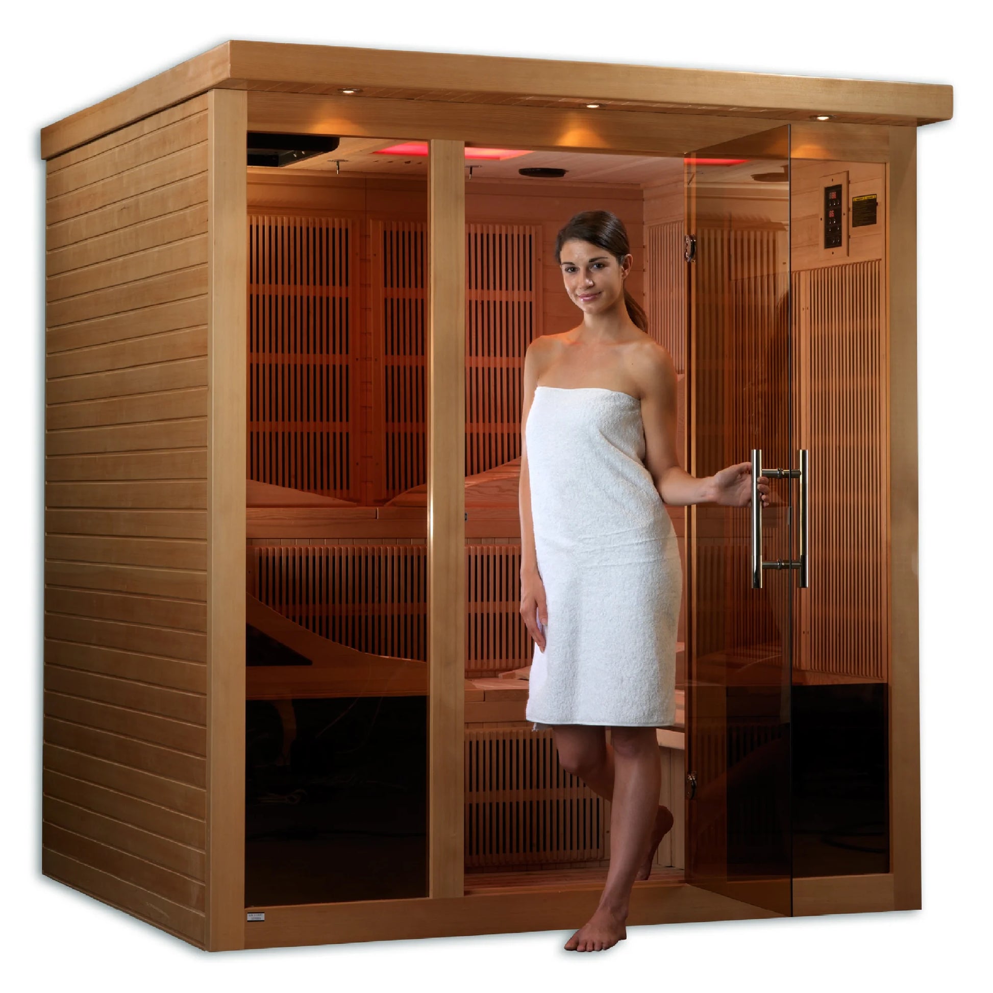Front view 2 of the Golden Designs Monaco 6-Person Near Zero EMF FAR Infrared Sauna (GDI-6996-01) – near zero EMF infrared sauna