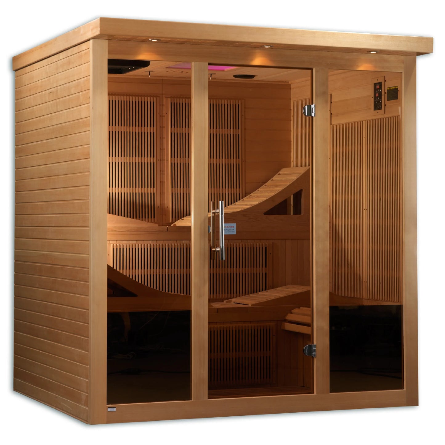Front view of the Golden Designs Monaco 6-Person Near Zero EMF FAR Infrared Sauna (GDI-6996-01) – near zero EMF infrared sauna