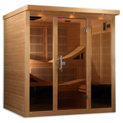 Front view of the Golden Designs Monaco 6-Person Near Zero EMF FAR Infrared Sauna (GDI-6996-01) – near zero EMF infrared sauna