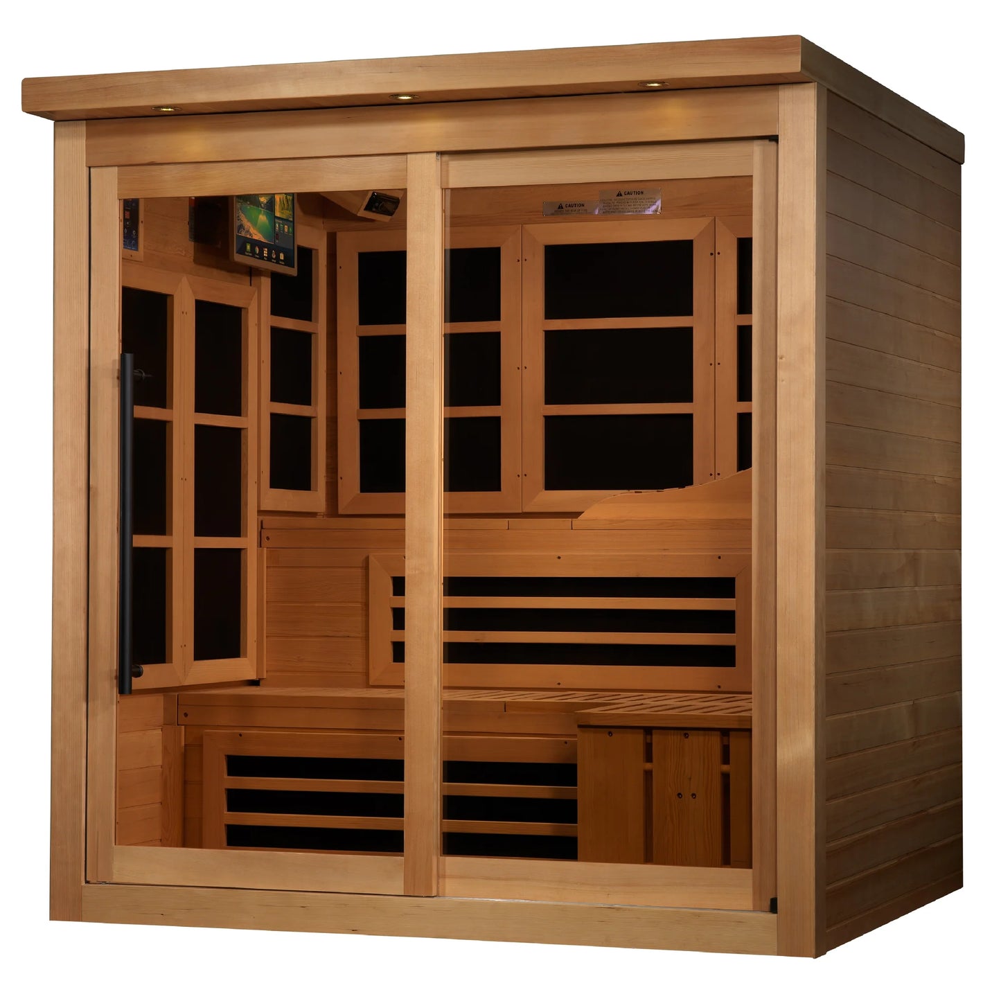 Front view of the Golden Designs Monaco Limited Edition 6-Person Near Zero EMF FAR Infrared Sauna (GDI-6996-02) – near zero EMF infrared sauna