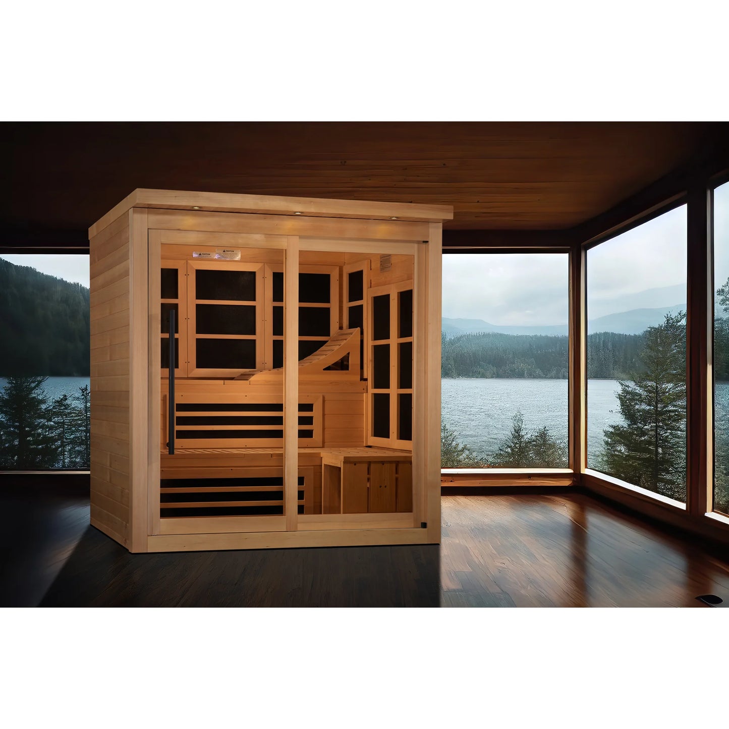 Front view on white background of the Golden Designs Monaco Limited Edition 6-Person Near Zero EMF FAR Infrared Sauna (GDI-6996-02) – near zero EMF infrared sauna