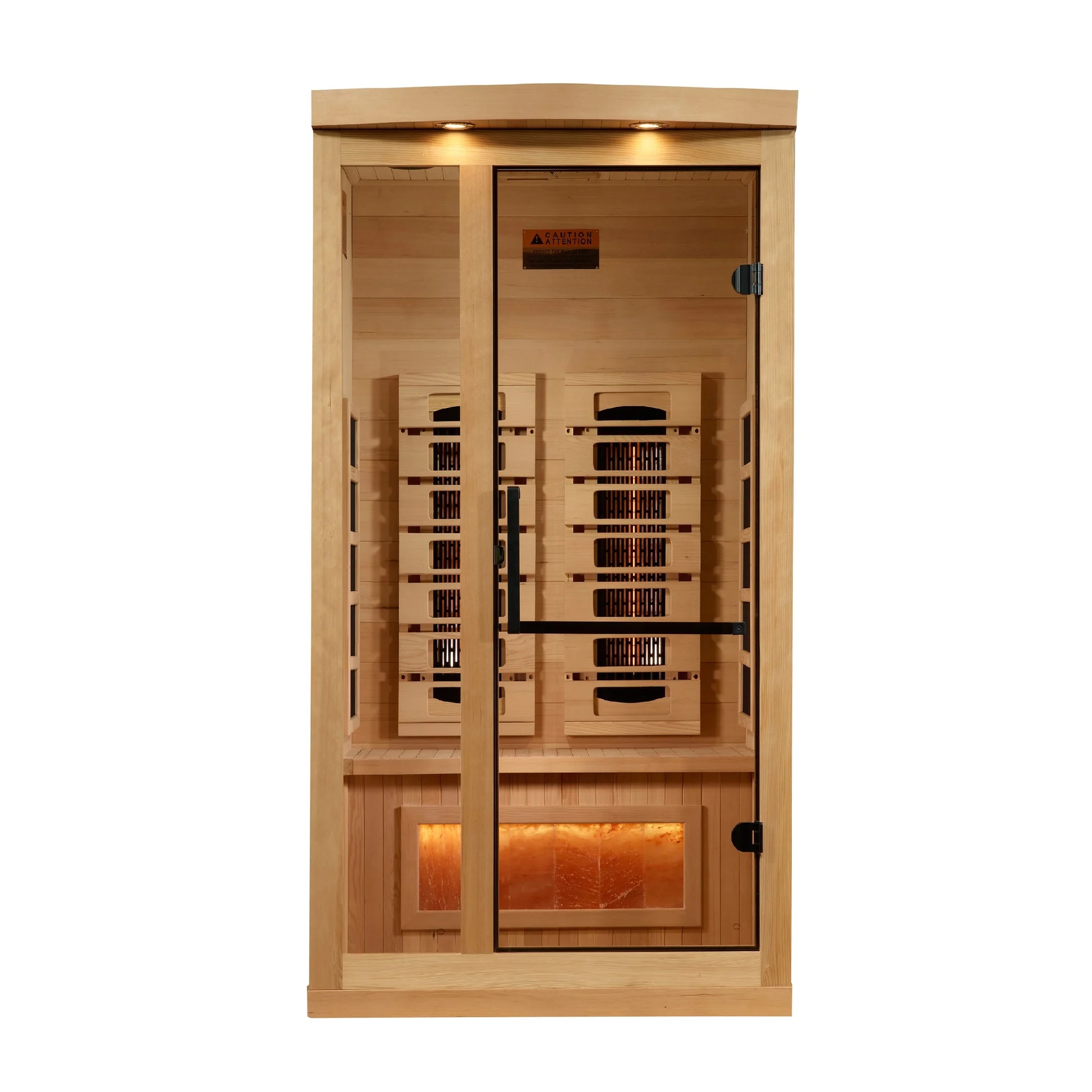 Front view of the Golden Designs 1-2-Person Full Spectrum Near Zero EMF FAR Infrared Sauna (GDI-8010-03) – full spectrum infrared sauna
