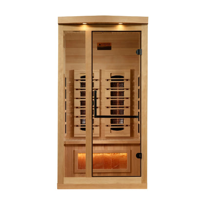 Front view of the Golden Designs 1-2-Person Full Spectrum Near Zero EMF FAR Infrared Sauna (GDI-8010-03) – full spectrum infrared sauna