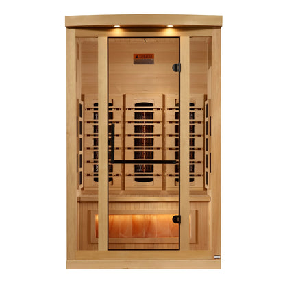 Front view of the Golden Designs 2-Person Full Spectrum Near Zero EMF FAR Infrared Sauna (GDI-8020-03) – full spectrum infrared sauna