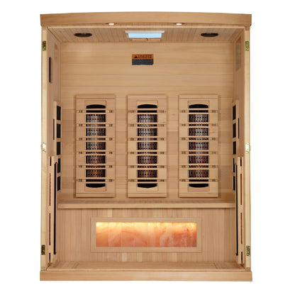 Interior bench view of the Golden Designs 3-Person Full Spectrum FAR Infrared Sauna (GDI-8030-03) — infrared sauna