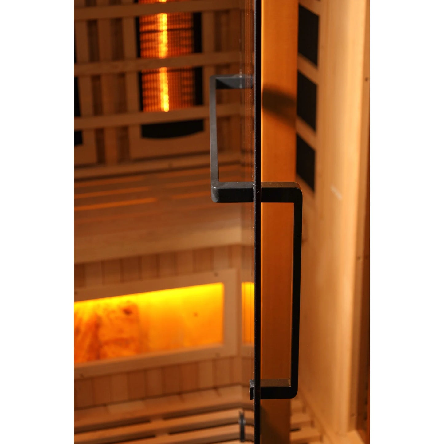 Towel bar and door handle of the Golden Designs 3-Person Corner Full Spectrum Near Zero EMF FAR Infrared Sauna (GDI-8035-03) – full spectrum infrared sauna