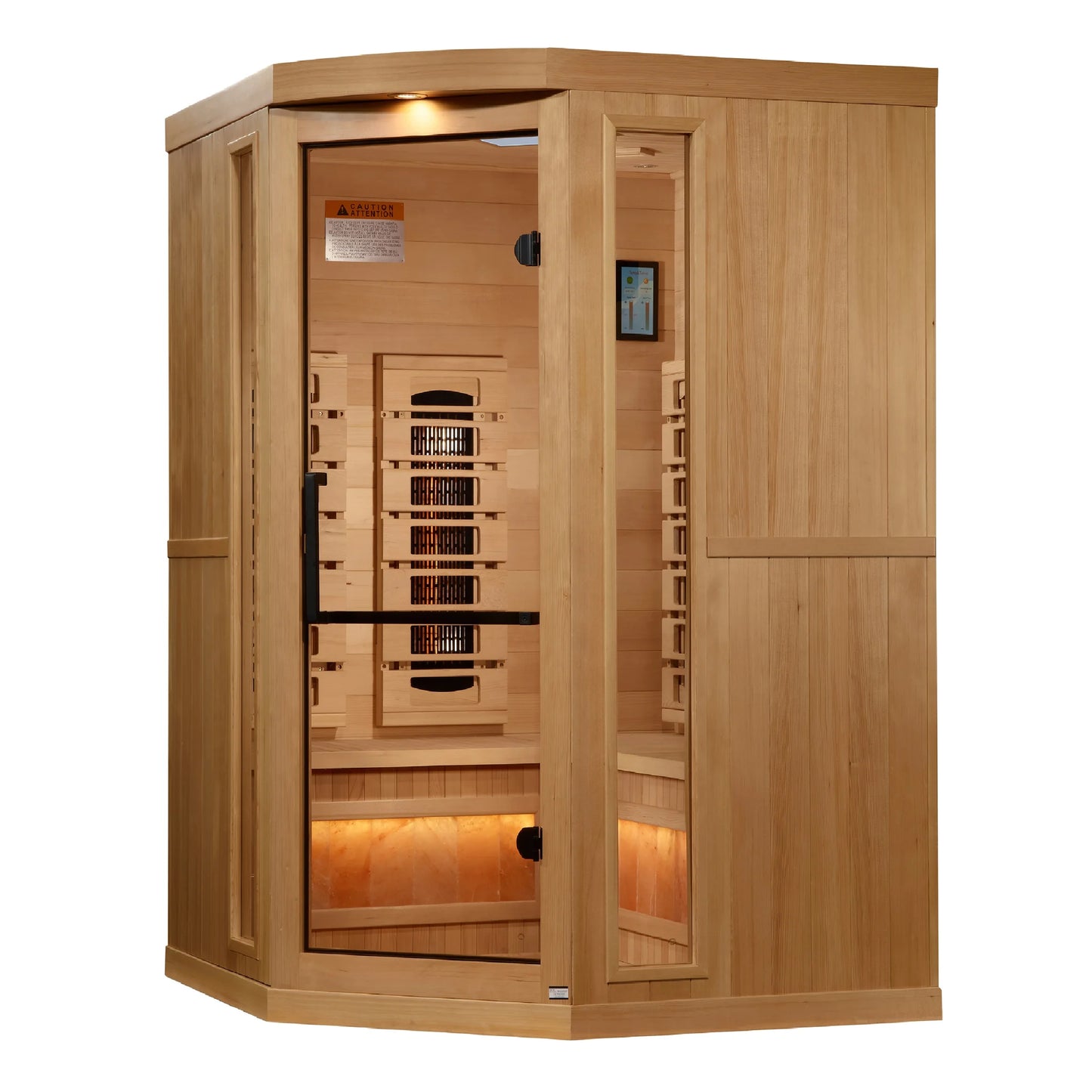 Front view 2 of the Golden Designs 3-Person Corner Full Spectrum Near Zero EMF FAR Infrared Sauna (GDI-8035-03) – full spectrum infrared sauna