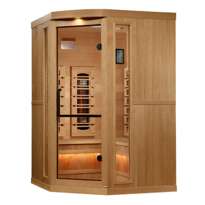 Front view 2 of the Golden Designs 3-Person Corner Full Spectrum Near Zero EMF FAR Infrared Sauna (GDI-8035-03) – full spectrum infrared sauna