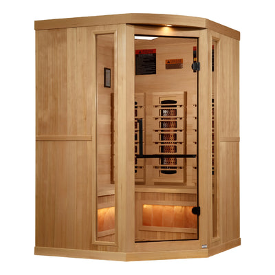 Golden Designs "Reserve Edition" 3-Person Corner Full Spectrum Near Zero EMF FAR Infrared Sauna | Himalayan Salt Bar | Canadian Hemlock