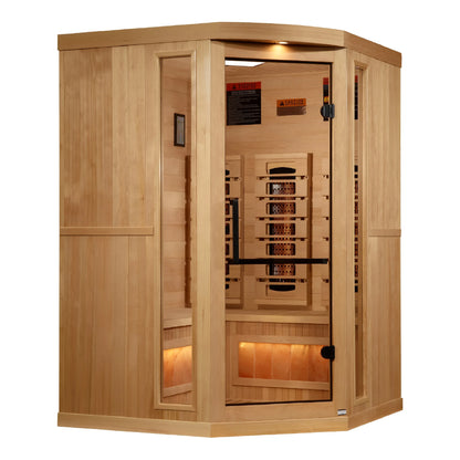 Front view 3 of the Golden Designs 3-Person Corner Full Spectrum Near Zero EMF FAR Infrared Sauna (GDI-8035-03) – full spectrum infrared sauna