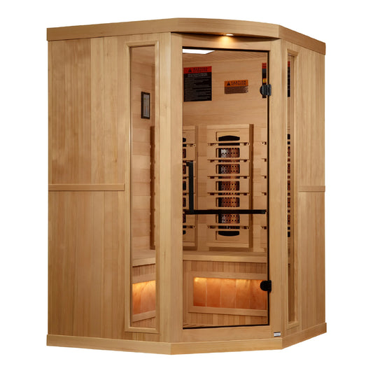 Front view 3 of the Golden Designs 3-Person Corner Full Spectrum Near Zero EMF FAR Infrared Sauna (GDI-8035-03) – full spectrum infrared sauna