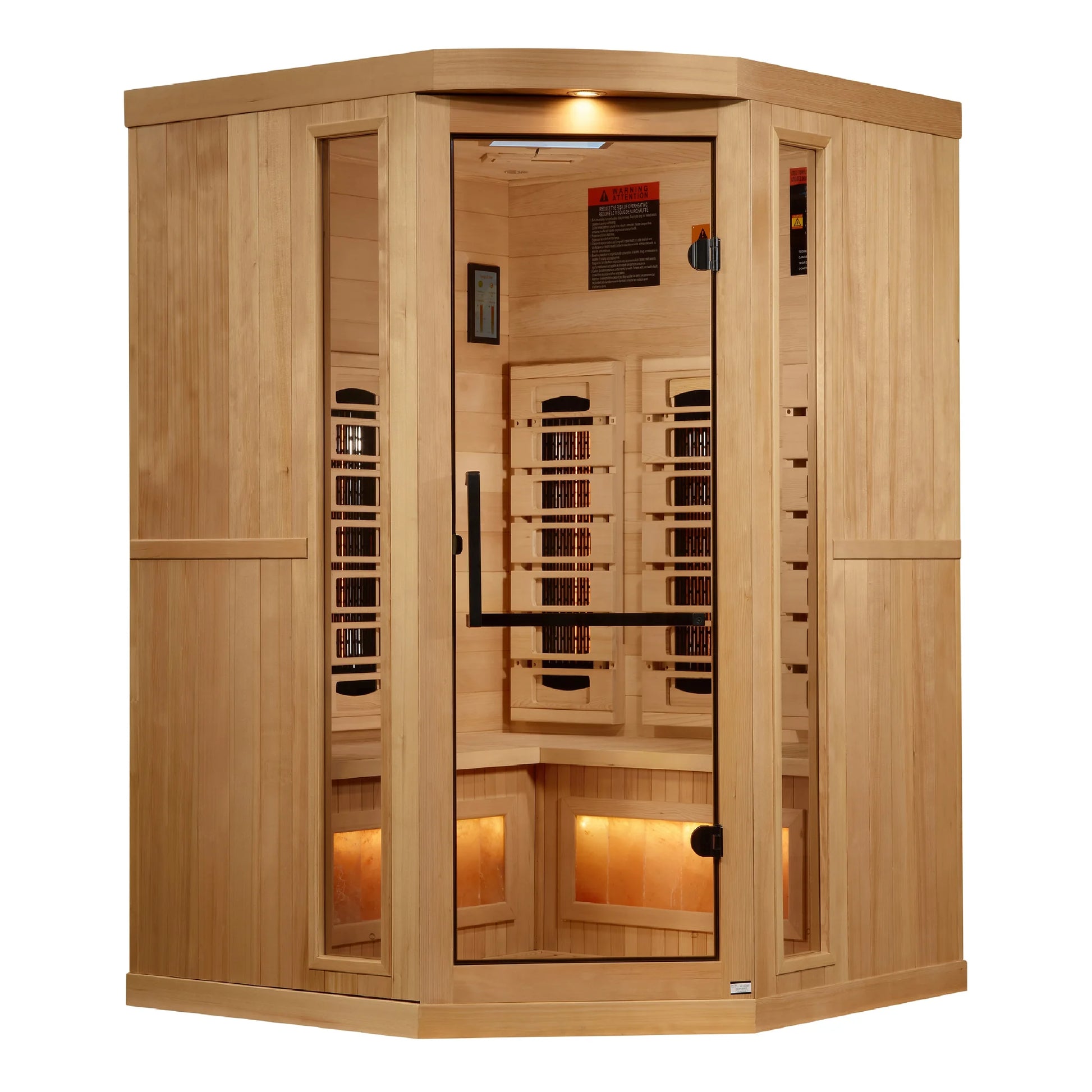Front view of the Golden Designs 3-Person Corner Full Spectrum Near Zero EMF FAR Infrared Sauna (GDI-8035-03) – full spectrum infrared sauna