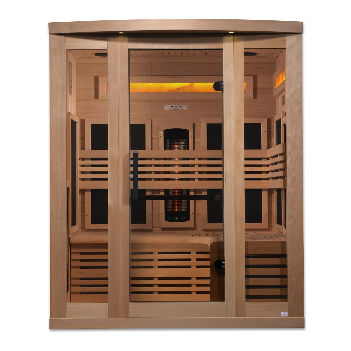 Front view of the Golden Designs 3-Person Full Spectrum Near Zero EMF FAR Infrared Sauna (GDI-8230-01) – full spectrum infrared sauna
