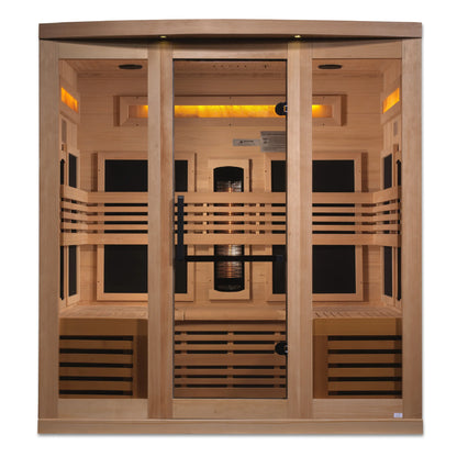 Front view of the Golden Designs 6-Person Full Spectrum Near Zero EMF FAR Infrared Sauna (GDI-8260-01) – full spectrum infrared sauna