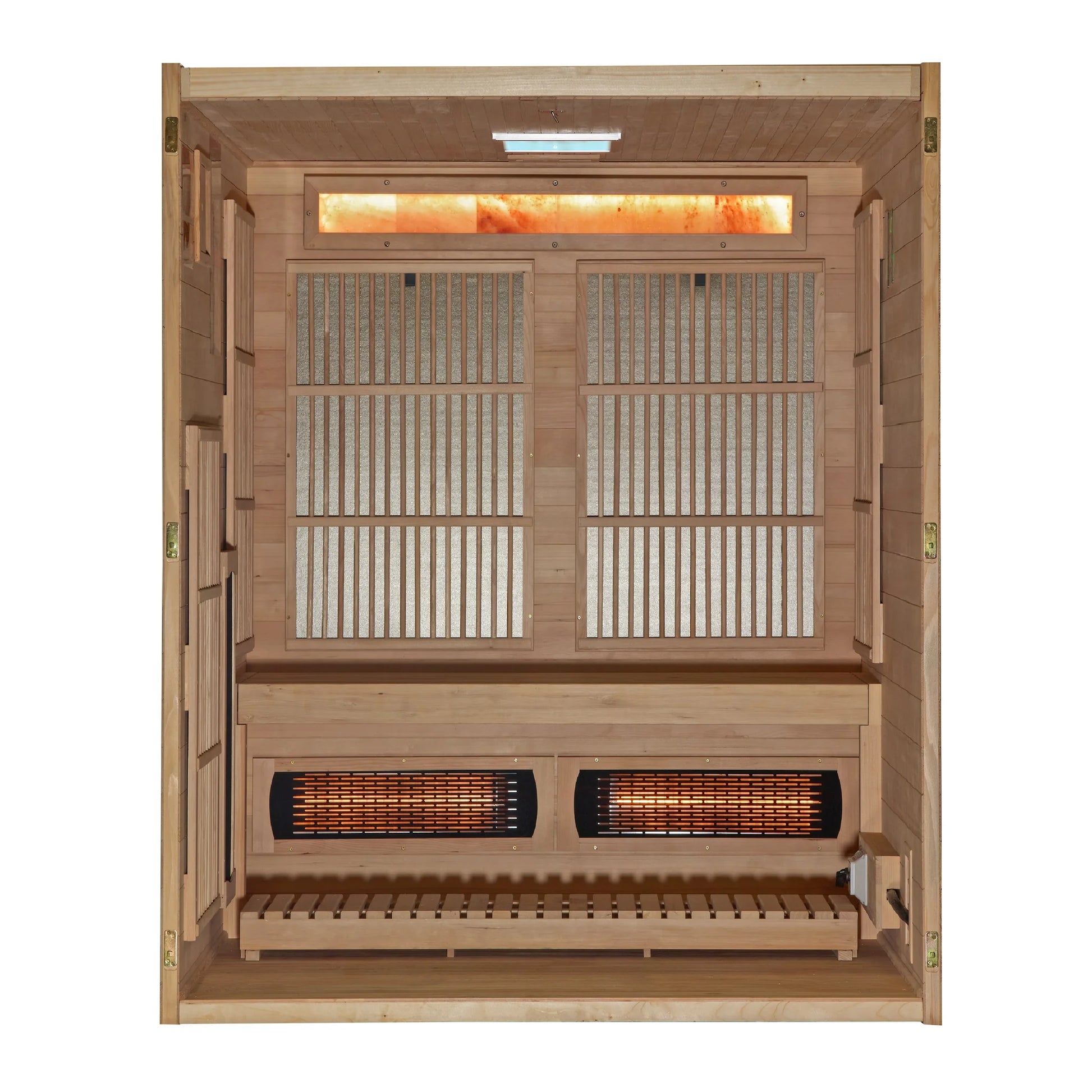 Exterior view 2 of the Golden Designs 2025 Soria 3-Person Hybrid Indoor Sauna (GDI-8330-01) – full spectrum infrared sauna