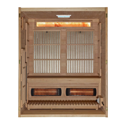 Exterior view 2 of the Golden Designs 2025 Soria 3-Person Hybrid Indoor Sauna (GDI-8330-01) – full spectrum infrared sauna
